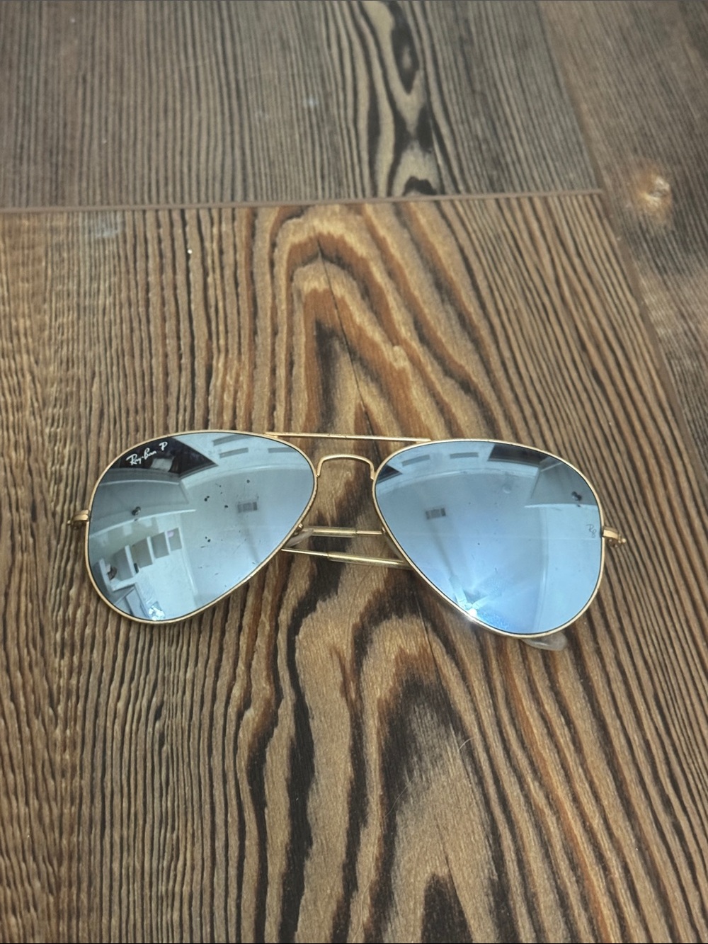 Ray-Ban Gold Frame Sunglasses with Blue Mirrored Lenses
